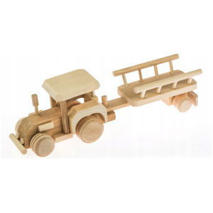 Drewniany traktor z przyczepką odpinaną
